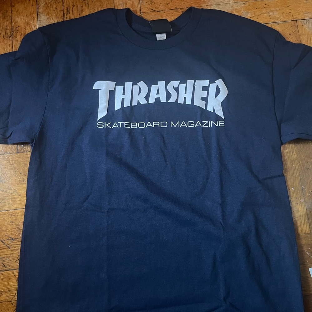 Classic Thrasher Graphic Tee • Navy Blue & White